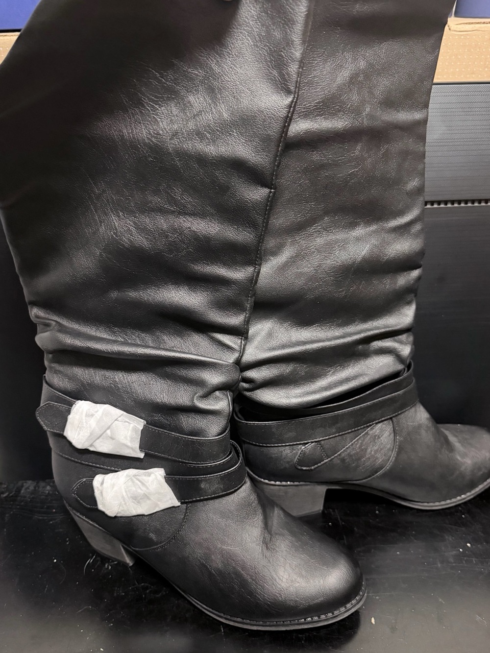 Women’s Black Knee High Riding Boots Double Buckle Strap Size 10